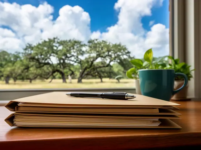 A neat stack of closed manila folders and a pen on a desk by a window.