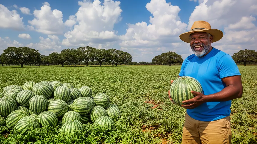 A laughing watermelon farmer in a straw hat hefting a striped watermelon beside a pile of melons, post oaks beyond.