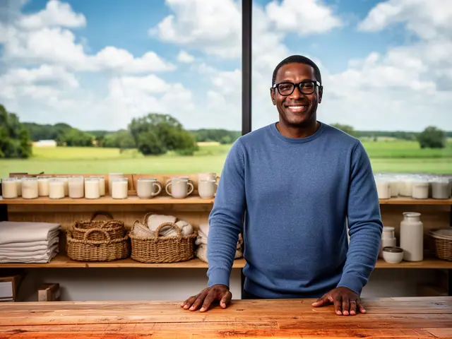 A smiling gift-shop owner in a blue sweater at a wooden counter beside candles, mugs and baskets.