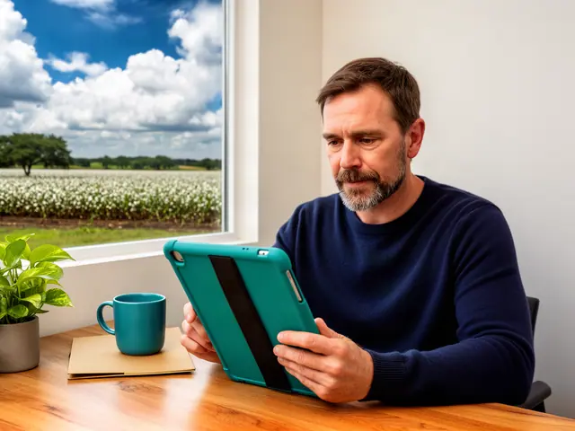 A man with short brown hair reviewing a tablet at a desk in a small back office.
