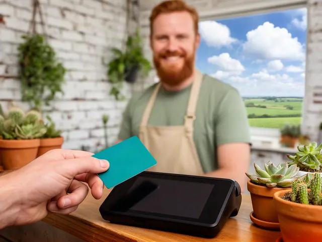 A customer taps a teal card on a counter terminal at a plant shop with potted succulents.
