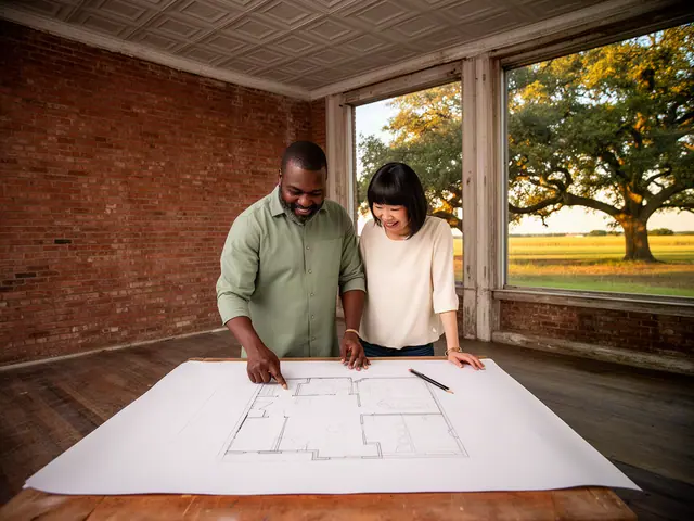 Two business partners looking over a pencil floor sketch in an empty storefront.