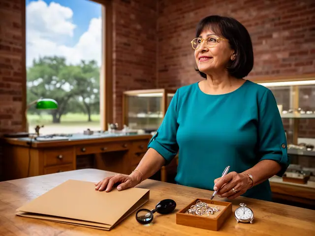 A smiling jeweler in a teal blouse at a workbench with a loupe, a tray of rings, a pocket watch and a closed folder.